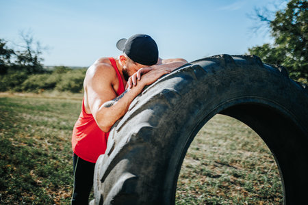 Fitness enthusiast resting after a tire workout in an outdoor fieldの写真素材