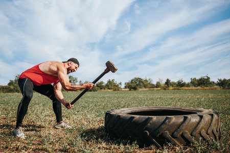 Strong man swings hammer to smash tire during outdoor workout sessionの写真素材