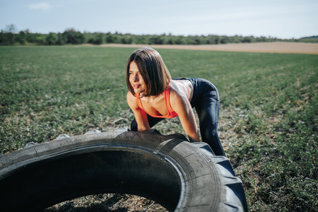 Woman lifting a tire in a field for fitness trainingの写真素材