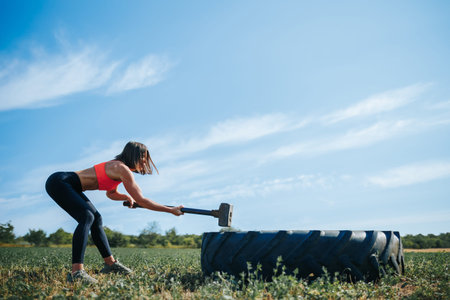 Woman exercises outdoors striking a large tire on a sunny dayの写真素材