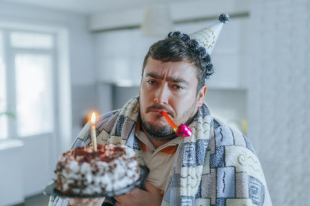 Lonely man with birthday cake blows whistle in quiet, cold home.