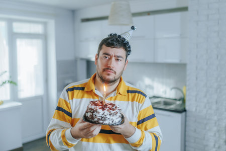 Sad middle-aged man holding lit birthday cake in a somber home setting.の写真素材