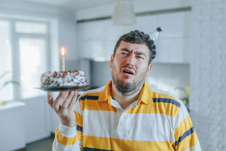 Man with a lit cake and party hat reflects on solitude during birthday.