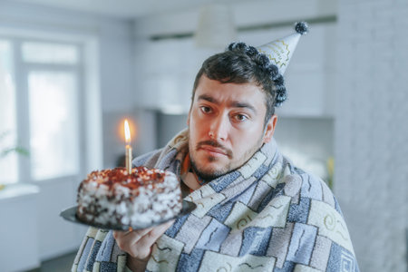 Cold kitchen birthday man with beard holds cake and reflects on loneliness.