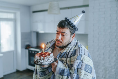 Upset man in blanket celebrates lonely birthday in a cold environment.の写真素材