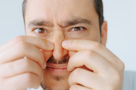 Man showing frustration while pinching his nose in a bright indoor settingの写真素材