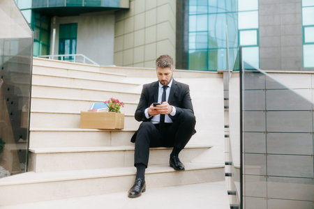 Fired man in business suit sits on stairs, searching jobs online