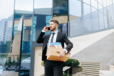 Man experiences emotional distress while receiving job termination call outdoorsの写真素材