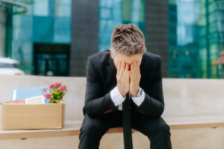 Feeling lost after dismissal as a white collar worker in a city environmentの写真素材