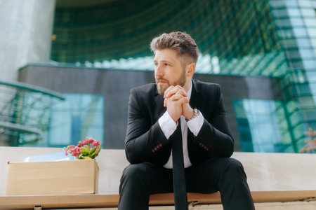 Jobless individual reflects on dismissal outside corporate buildingの写真素材