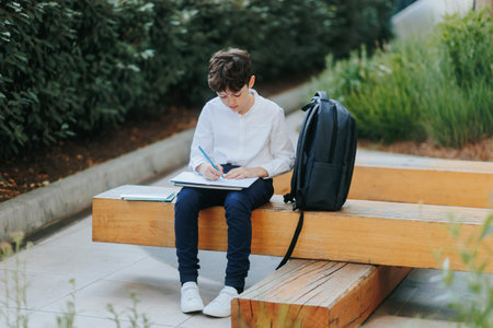 Kid Doing Homework in Courtyard on Wooden Bench After School