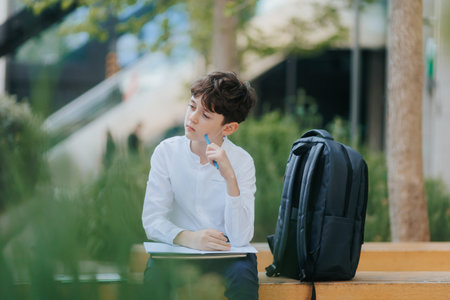 Young Boy Concentrated on Homework Outdoors with Backpack Nearby