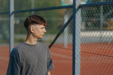 Teen Boy Stands by Fence with Serious Expression on a Sunny Courtの写真素材