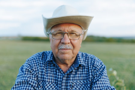 Cowboy Farmer Resting in Field at Dusk, Embracing Quiet Country Lifeの写真素材