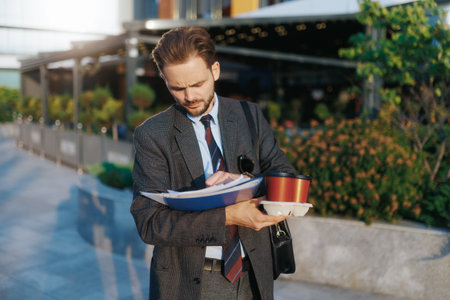 Busy office guy writing on the go while rushing to work with coffeeの写真素材