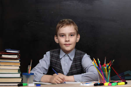 Pupil of junior school writes homework in his notebookの写真素材