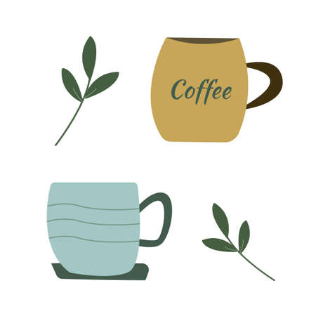 Coffe cups on isolated. Leaves items. Coffe printのイラスト素材