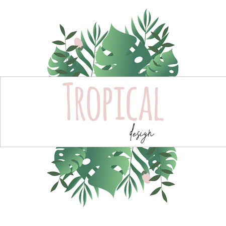 Wedding invitation with exotic palm leaves. Summer sale line tropical banner with monstera leaves template. Vector isolated illustration.のイラスト素材