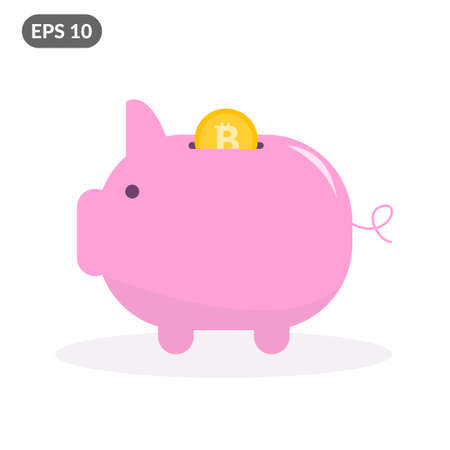 Pink piggy bank with falling golden bitcoin. Flat styleのイラスト素材