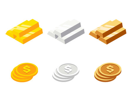Set of bars and coins in isometric style. Gold, silver and bronze bars or ingot and coins. Vector illustrationのイラスト素材