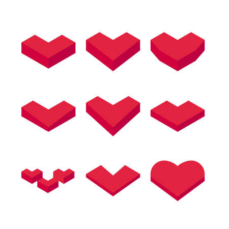 Isometric red heart set. 3D Heart icons. Heart logo concept. Valentine's Day illustration concept isolatedのイラスト素材