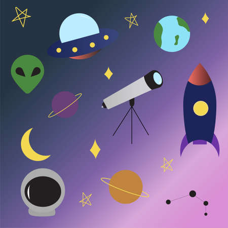 Space UFO elements set rocket, alien, planets, earth, telescope, UFO, constellation, stars moon spaceship in flat cartoon styleのイラスト素材