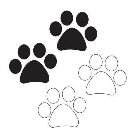 Dog and cat paws symbols in black filled and outline style. Paw silhouette vector iconのイラスト素材