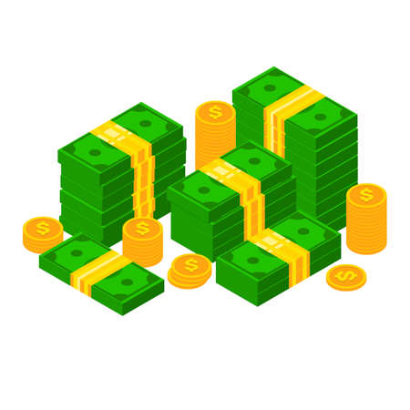 Isometric dollars and coins. 3D Piles of money. Stacked dollar bundle isolated vector illustationのイラスト素材