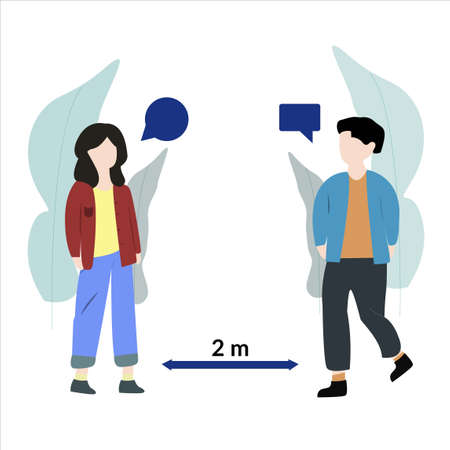 Social distancing. Woman and men keep distance in flat cartoon style. Protection from COVID-19 coronavirus vector illustrationのイラスト素材