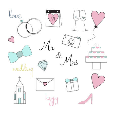 Wedding colorful items set. Wedding vector icons set isolated on white backgroundのイラスト素材