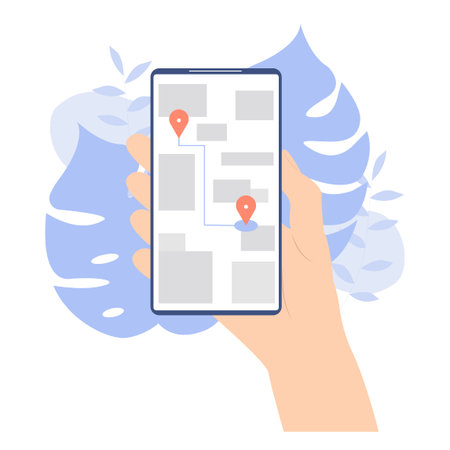 Hand holding phone with road and pointer navigation on map to destination. GPS service concept...
