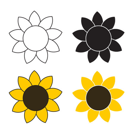 Sunflower symbol set in different styles outline, filled, colored vector illustrationのイラスト素材