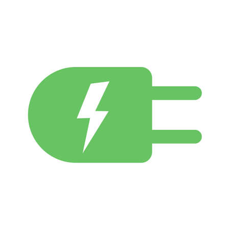 Green electric plug icon symbol with lightning bolt in flat design style. Green energy eco power vector illustration isolatedのイラスト素材