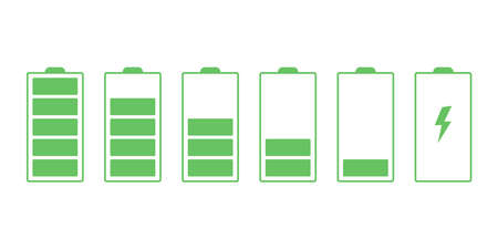 Battery charge indicator green icons set for UI design. Battery different charging levels form low to high vector collection isolatedのイラスト素材