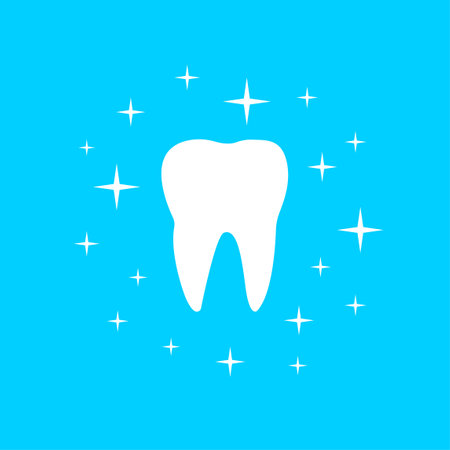 White tooth with shining effect stars icon isolated on blue background. Whitening concept, oral teeth caries protection, dental tooth careのイラスト素材