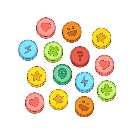 Colorful ecstasy pillls vector illustration isolated on white background. Illegal dark net drugs market concept in cartoon styleのイラスト素材