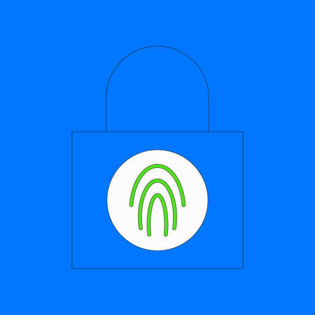 Padlock with biometric fingerprint scanner vector illustration. Identification technology, authorization concept. Lock with button scanning finger. Flat thin line style.のイラスト素材