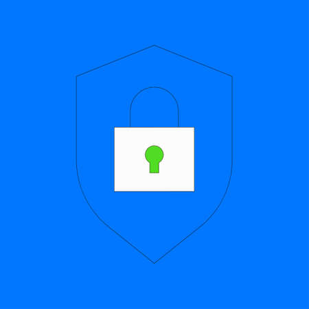 Shield with padlock vector illustration. Data or website protection concept with lock symbol. Flat thin line style.のイラスト素材