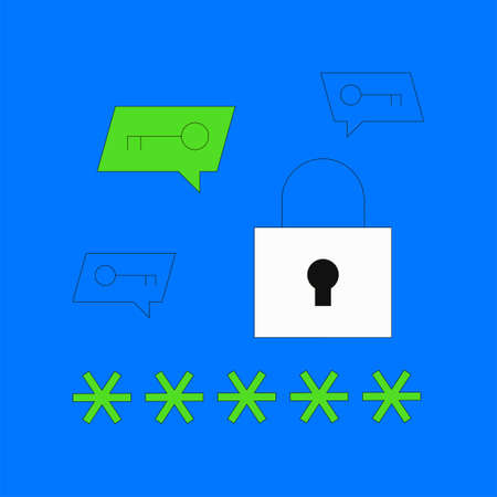 Password manager vector illustration. Lockpad with password and keys in speech bubble isolated on blue background. Data protection concept. Flat thin line style.のイラスト素材
