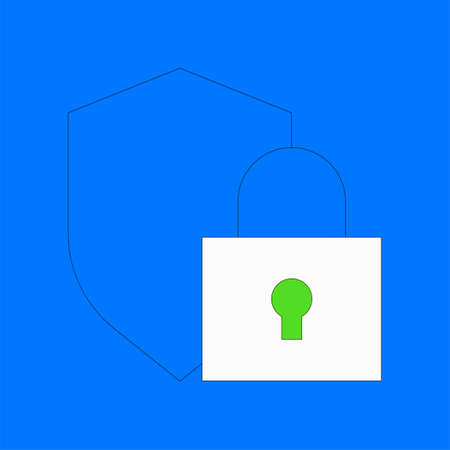 Shield with padlock vector illustration. Data or website protection concept with lock symbol. Flat thin line style.のイラスト素材
