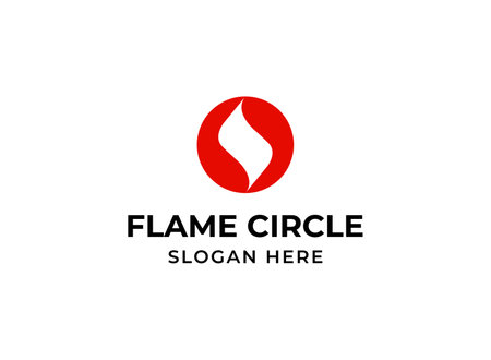 Fire symbol in red circle logo. Flame, fireball simple logotype. Abstract burn designのイラスト素材