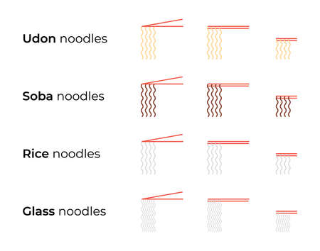 Chopsticks holding noodles icons set. Udon, soba, rice, glass different noodle types illustrations collection for restaurant menu or delivery website. Thin line style vector symbols isolatedのイラスト素材
