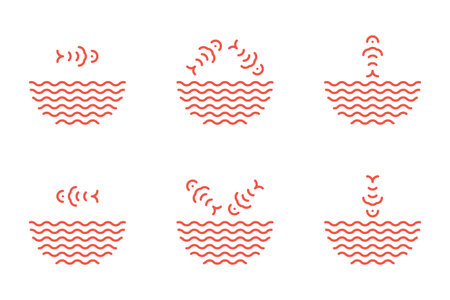 Poke bowl logos set and symbols in linear style. Fish jumping from water waves logotype. Fish ramen noodles soup symbols isolated. Seafood icons for restaurant, food delivery, store, menu collectionのイラスト素材