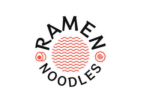 Ramen noodles logo in circle with boiled eggs and narutomaki icon for asian restaurant. Ramen soup bowl logo in thin line style. Japanese food symbol for cafe, food delivery, store, menu collectionのイラスト素材