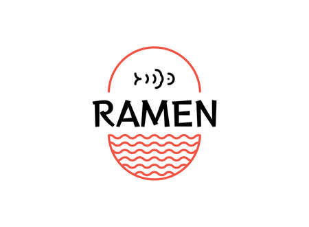 Ramen noodles with fish logo for asian restaurant. Ramen soup bowl logo in thin line style. Japanese food icon for cafe, food delivery, store, menu collectionのイラスト素材