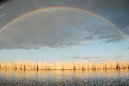 A bright, may rainbow after rain on a may day over the lake.の写真素材