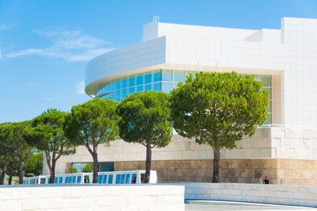 Sweeping curves and white surfaces of one building at the John  Paul Getty Museum in Los Angeles, Californiaのeditorial素材