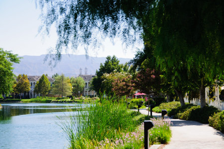 Beautiful House at Lake in sunny dayの写真素材