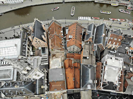 Amazing view from above. Small and comfortable town Gent. Medieval history around you.Must see for all explorer. View from Drone. From Belgium with Love. Clock tower.の写真素材