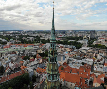 Aerial view from above on the great baltic city Riga. The capital of Latvia. One of the most beautiful and autentic city in Europe. A place you wnt to come back. Created by drone.の写真素材
